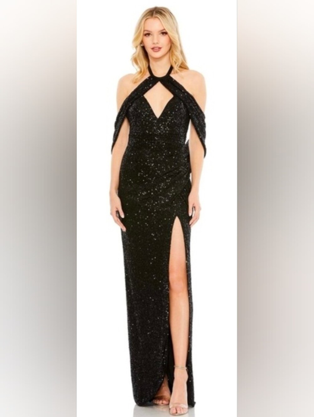 Mac Duggal NWT Black Sequin Halter Evening Gown Maxi Dress Size 2 #42021